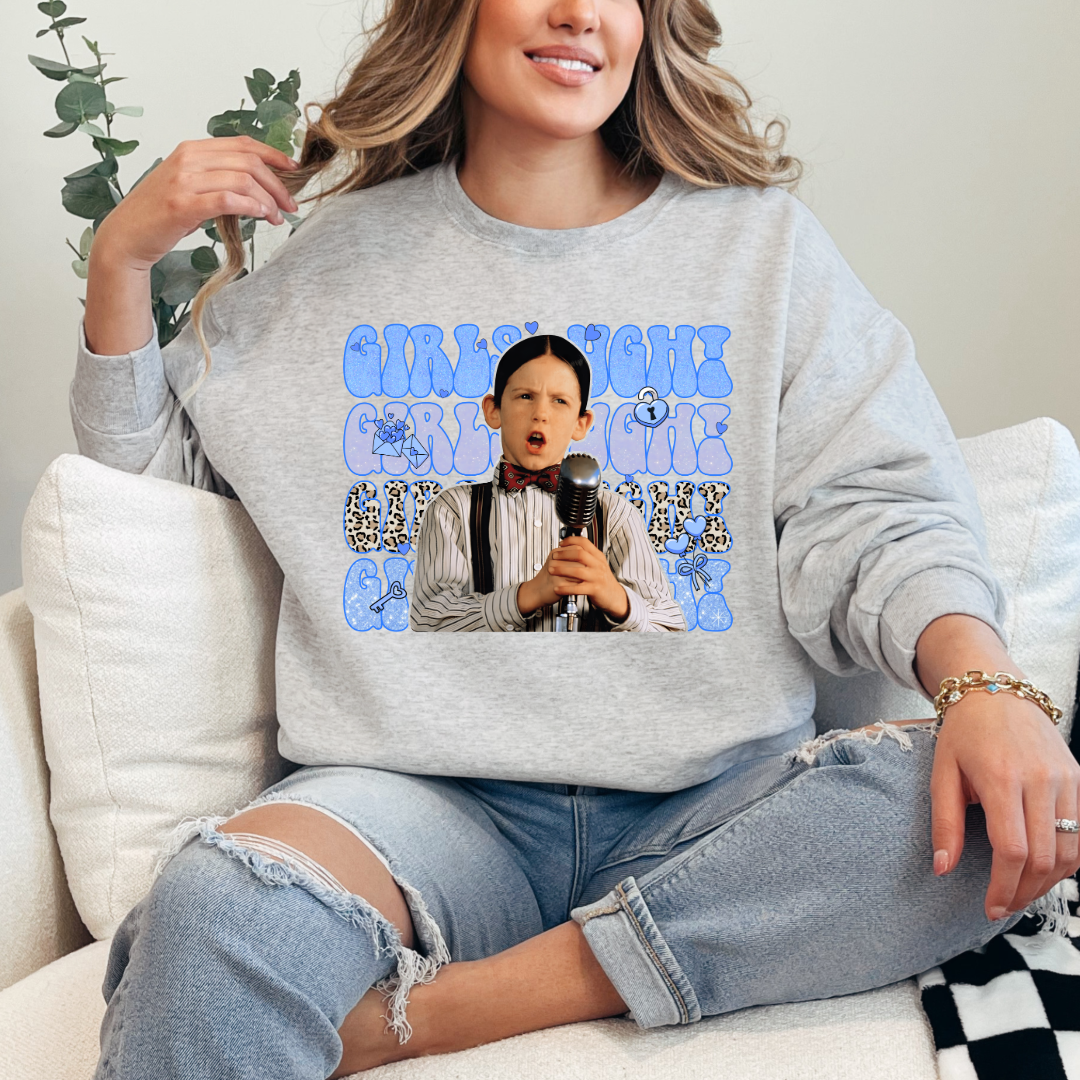 Customized Adult Mens Grey Crewneck Blue girls Ugh bubble letters and cheetah print font.