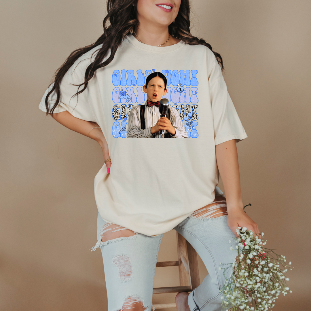 Customized Adult Mens Ivory graphic tee Blue girls Ugh bubble letters and cheetah print font.