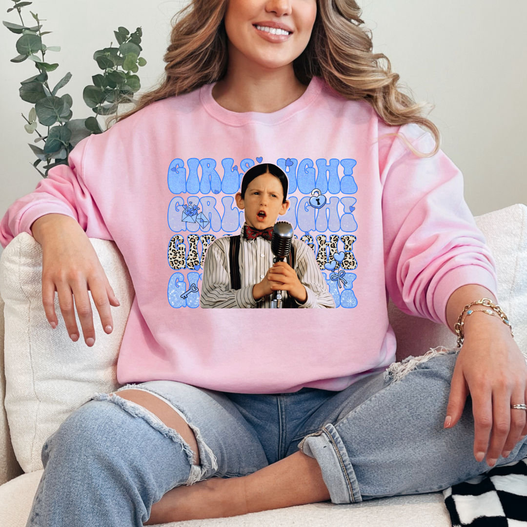 Customized Adult Mens Light Pink Crewneck Blue girls Ugh bubble letters and cheetah print font.