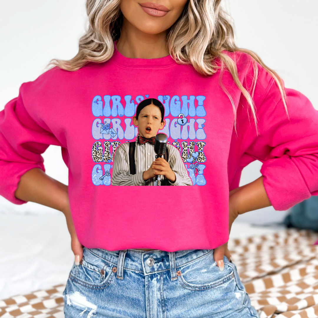 Customized Adult Mens Medium Hot Pink crewneck Blue girls Ugh bubble letters and cheetah print font.