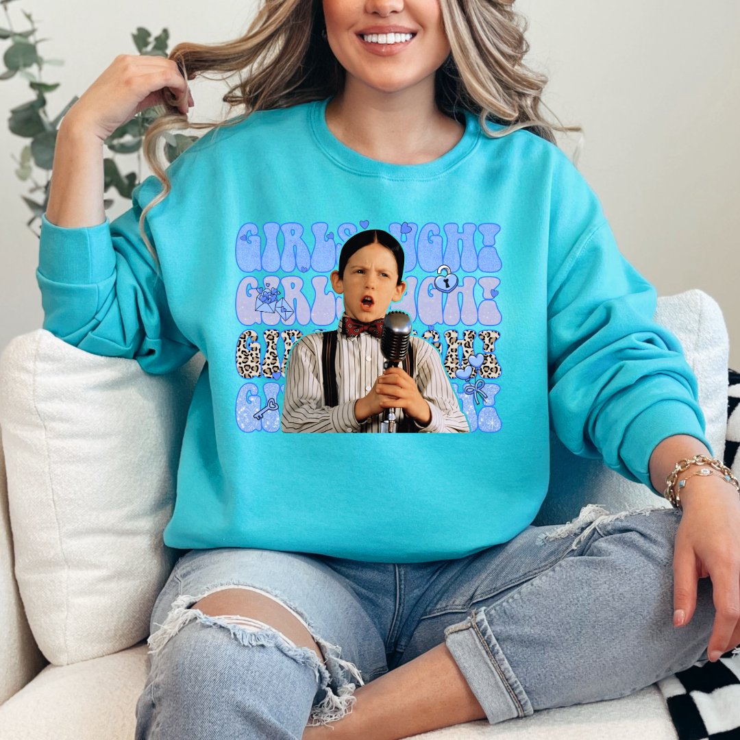 Customized Adult Mens Scuba Blue Crewneck Blue girls Ugh bubble letters and cheetah print font.
