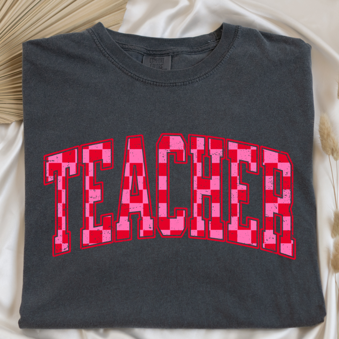 Customized Adult Pepper Vintage black Graphic tee with pink and red checkered teacher varsity font