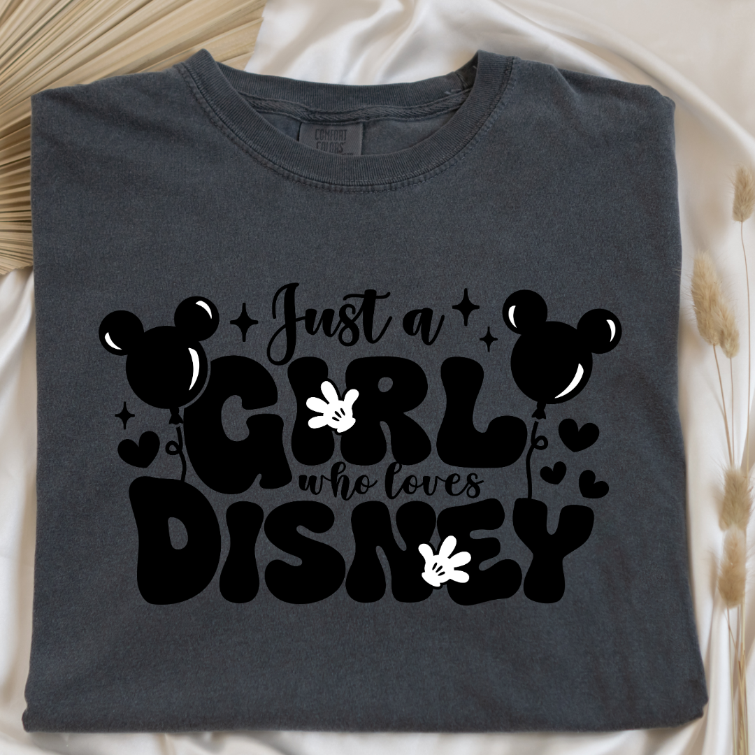 Customized Adult Pepper Vintage Black T-Shirt Just a girl who loves Disney bubble writing mickey balloon on string with mickey gloves