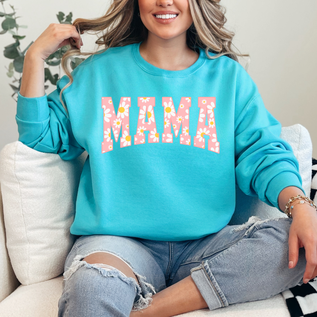 Customized Adult Scuba Blue Graphic tee with varsity letter font Mama with yellow and pink daisies Matching mini tee and crewneck available