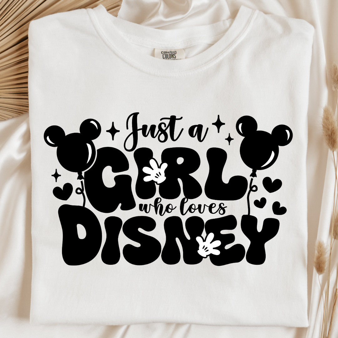 Customized Adult White T-Shirt Just a girl who loves Disney bubble writing mickey balloon on string with mickey gloves