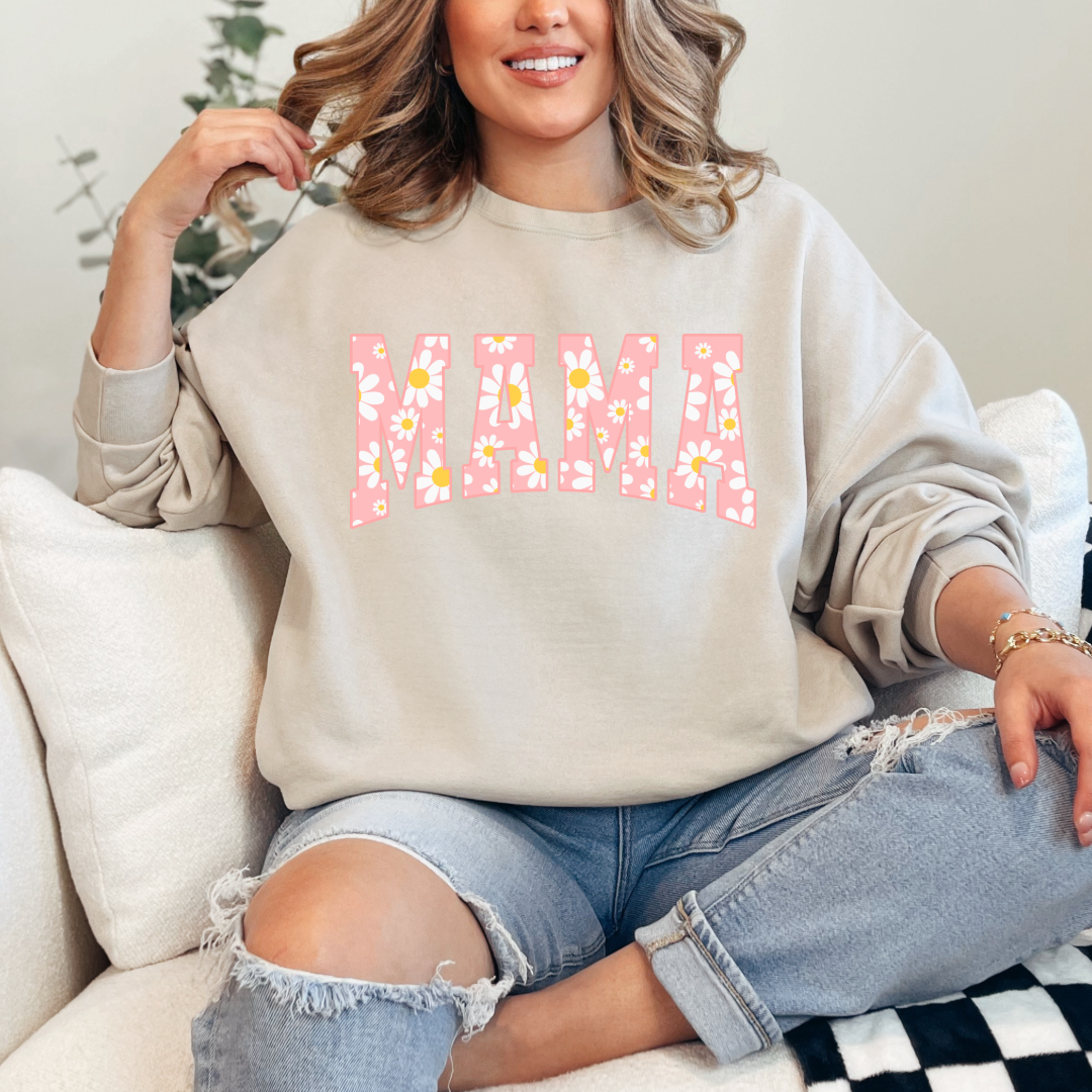 Customized Adult beige Graphic tee with varsity letter font Mama with yellow and pink daisies Matching mini tee and crewneck available