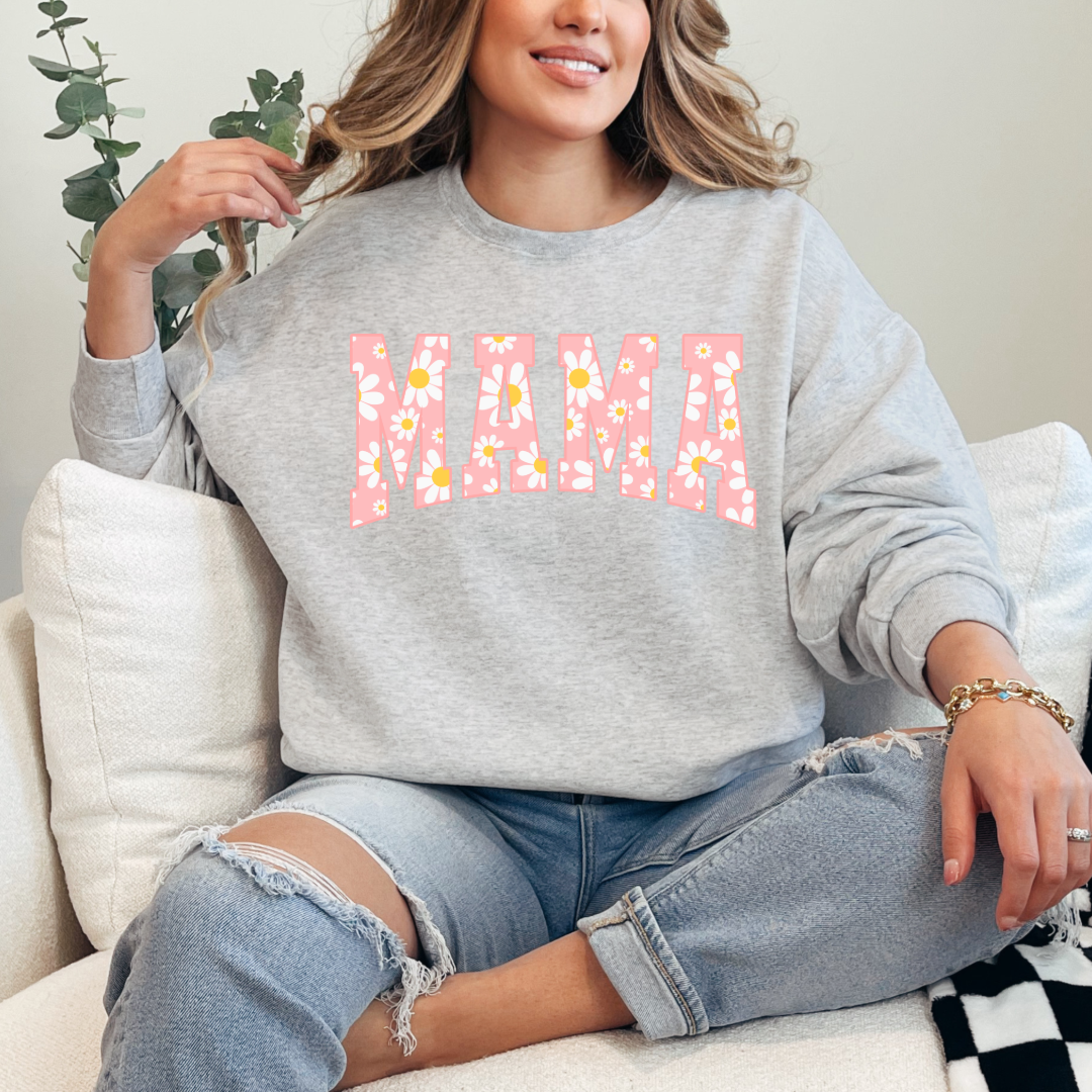 Customized Adult grey Graphic tee with varsity letter font Mama with yellow and pink daisies Matching mini tee and crewneck available