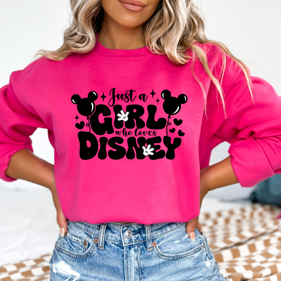 Customized Adult medium hot pink Crewneck Just a girl who loves Disney bubble writing mickey balloon on string with mickey gloves