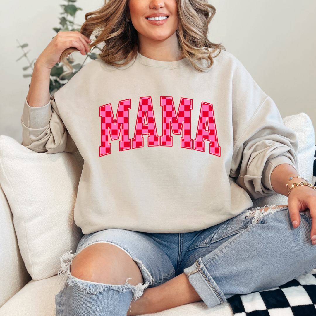 Customized Beige Adult crewneck Varsity font Mama red and pink checkered Matching Mini tee and crewneck available