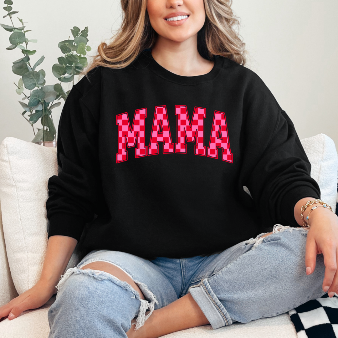 Customized Black Adult crewneck Varsity font Mama red and pink checkered Matching Mini tee and crewneck available