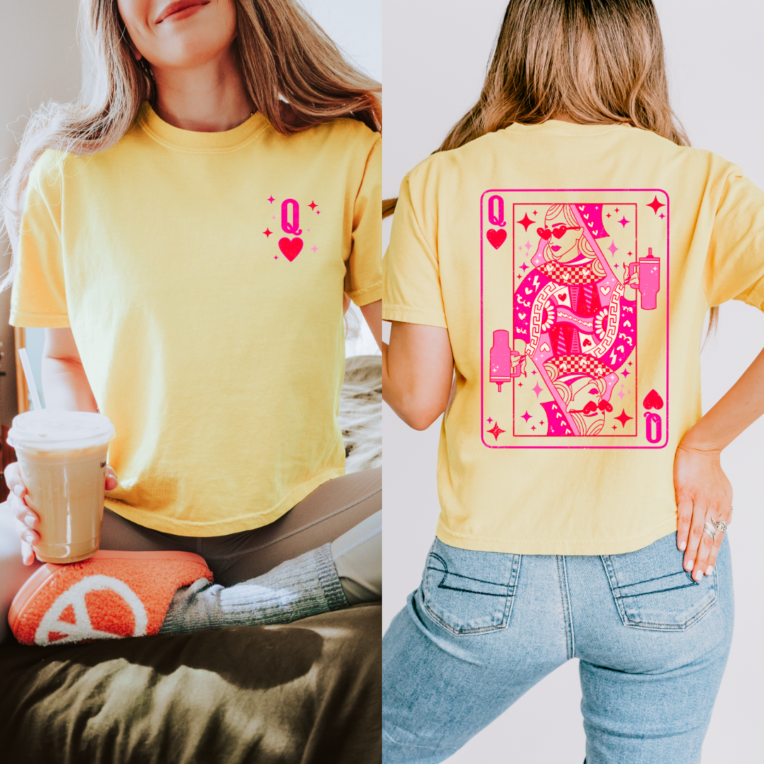 Customized Butter yellow Graphic tee with Pink and red queen of hearts back and Q pocket graphic