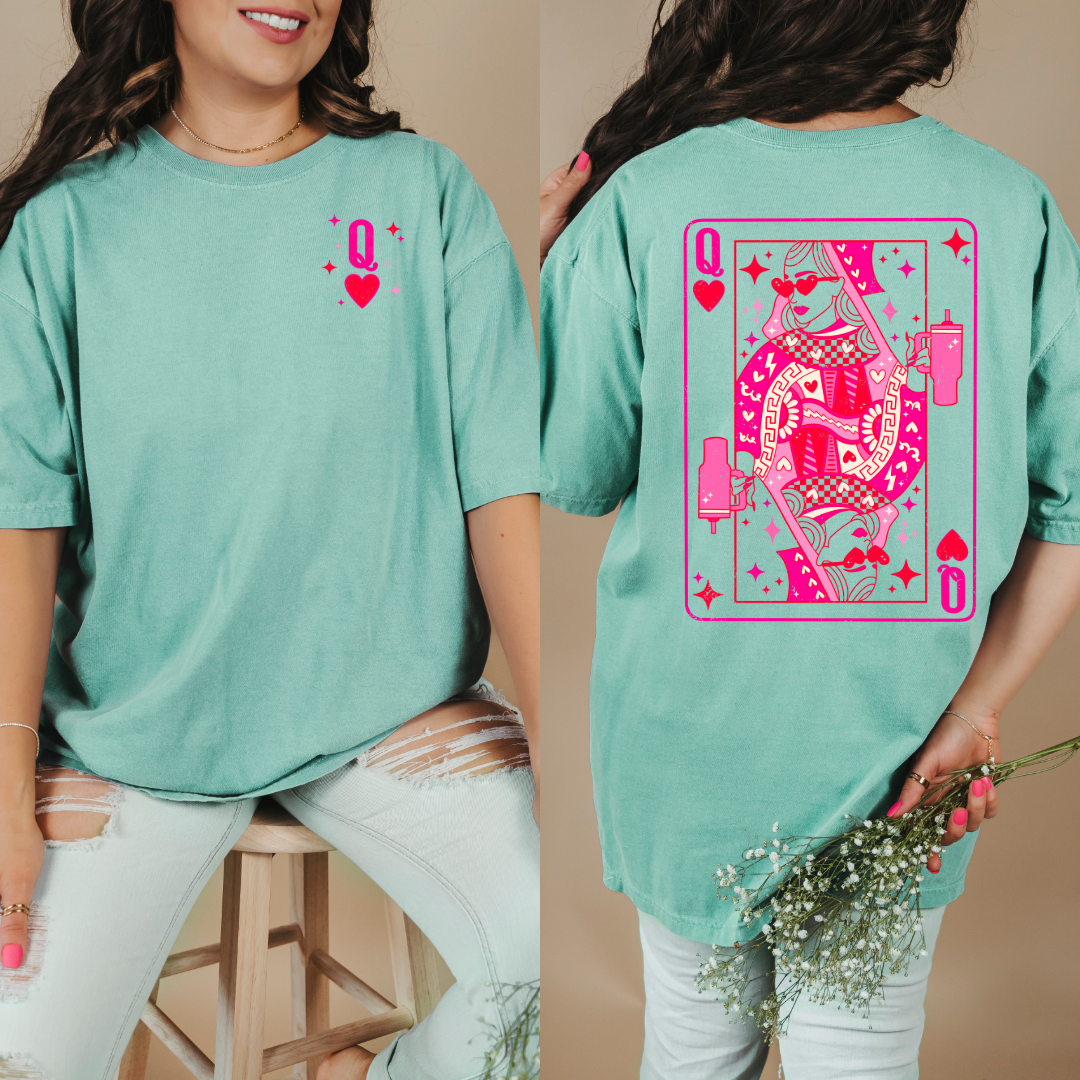 Customized Chalky Mint Blue Graphic tee with Pink and red queen of hearts back and Q pocket graphic