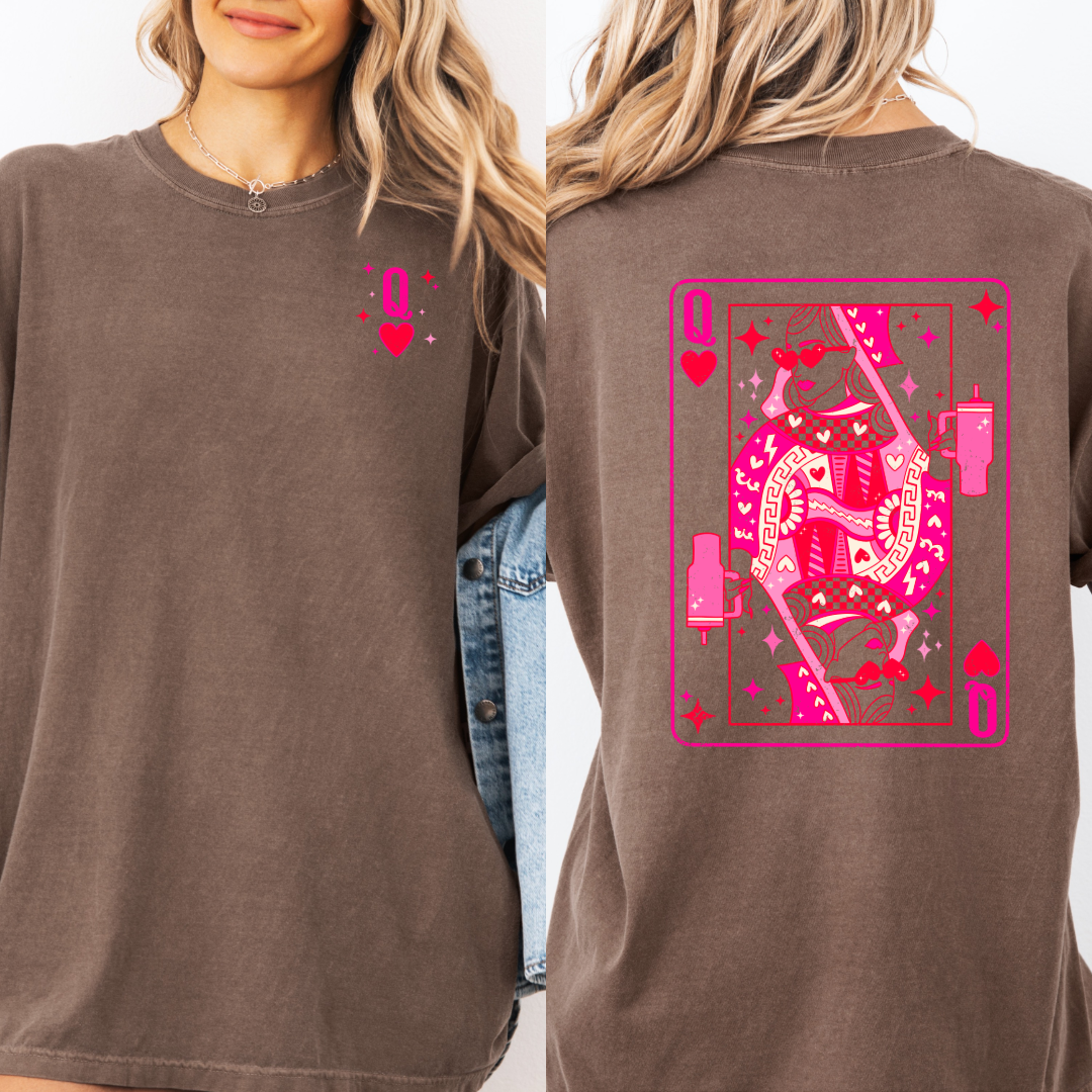 Customized Espresso Brown Graphic tee with Pink and red queen of hearts back and Q pocket graphic
