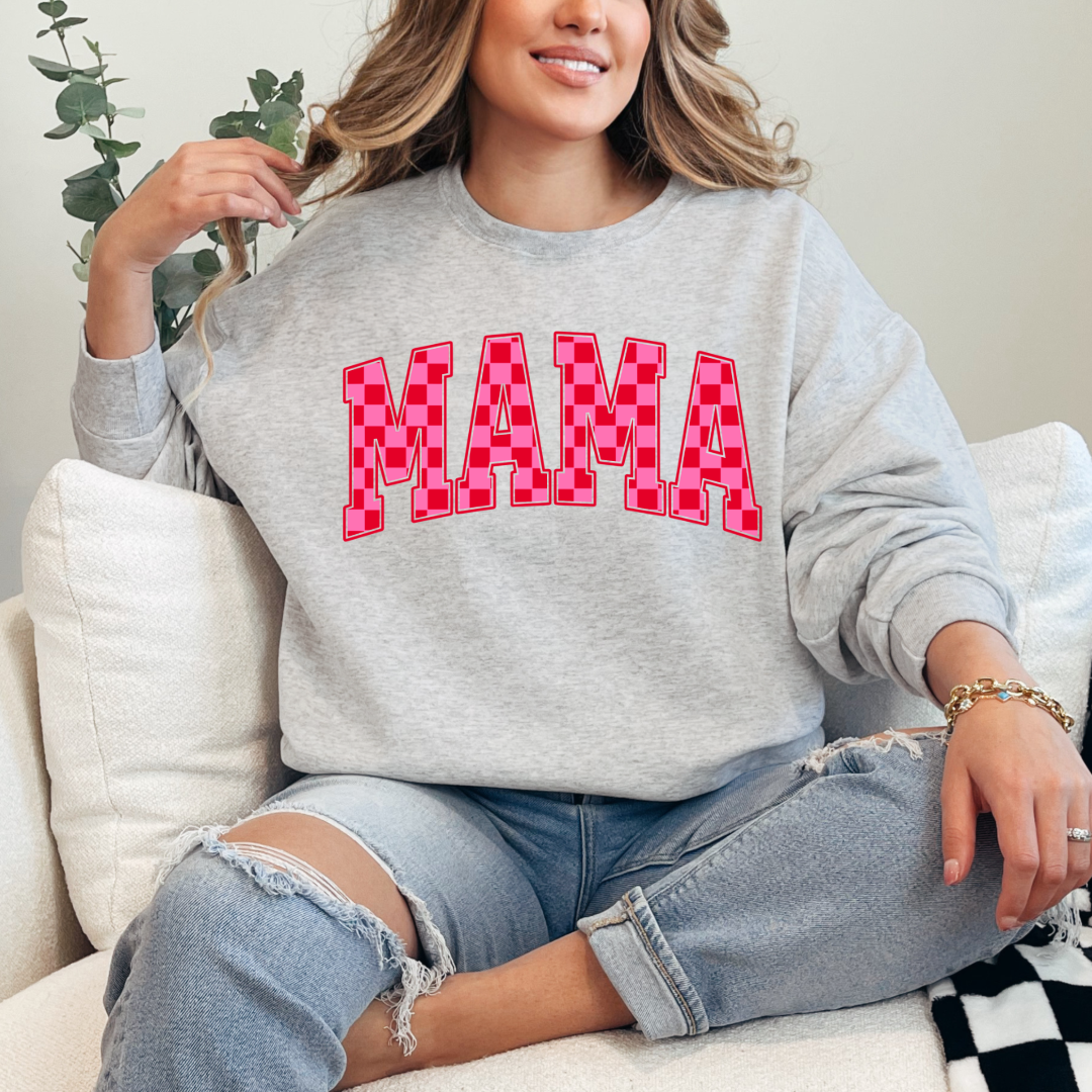 Customized Grey Adult crewneck Varsity font Mama red and pink checkered Matching Mini tee and crewneck available