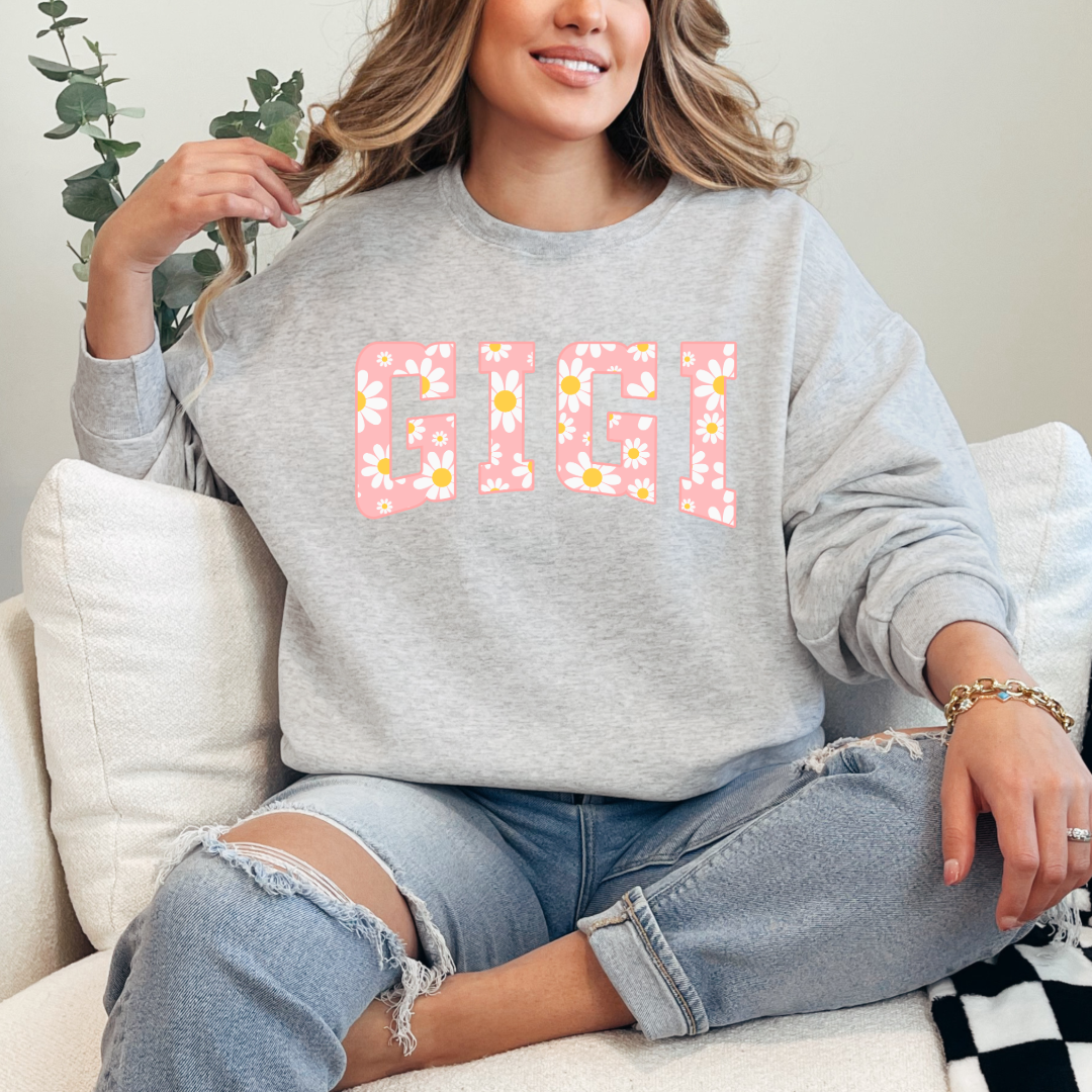 Customized Grey Crewneck with varsity letter font GiGi with yellow and pink daisies Matching mama and mini tee and crewneck available.