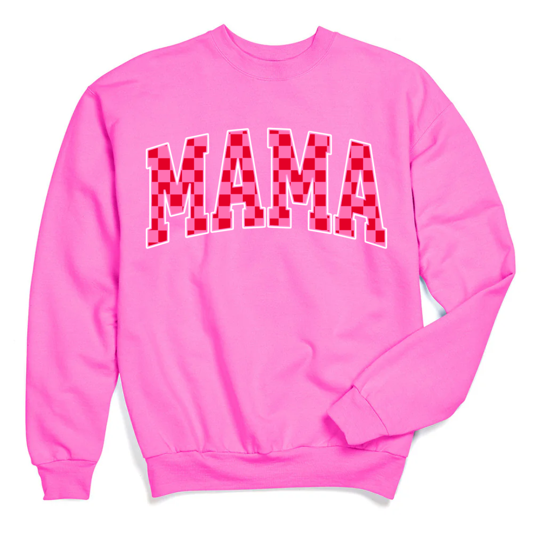 Customized Hot Pink Adult crewneck Varsity font Mama red and pink checkered Matching Mini tee and crewneck available