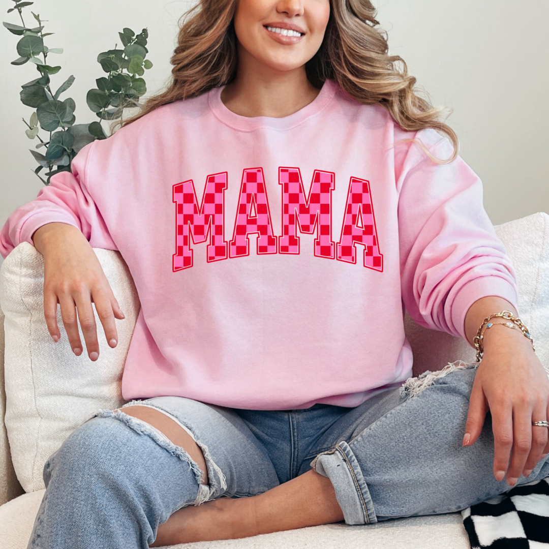 Customized Light Pink Adult crewneck Varsity font Mama red and pink checkered Matching Mini tee and crewneck available