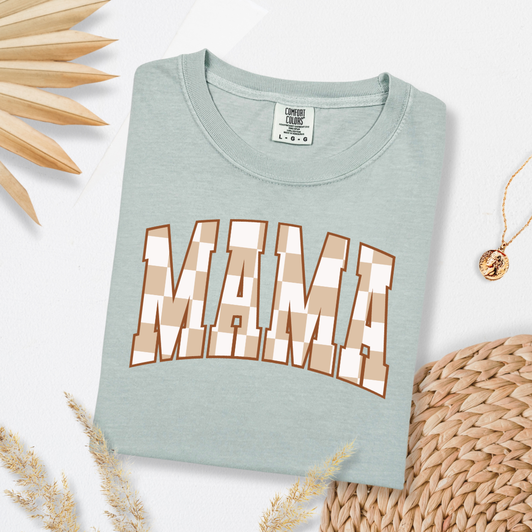 Customized Mama Adult Bay Green Graphic Tee checkered beige and white Varsity font. Matching Mini Graphic tee and crewnecks available.