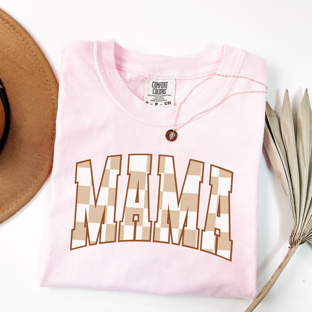 Customized Mama Adult Blossom Pink Graphic Tee checkered beige and white Varsity font. Matching Mini Graphic tee and crewnecks available.