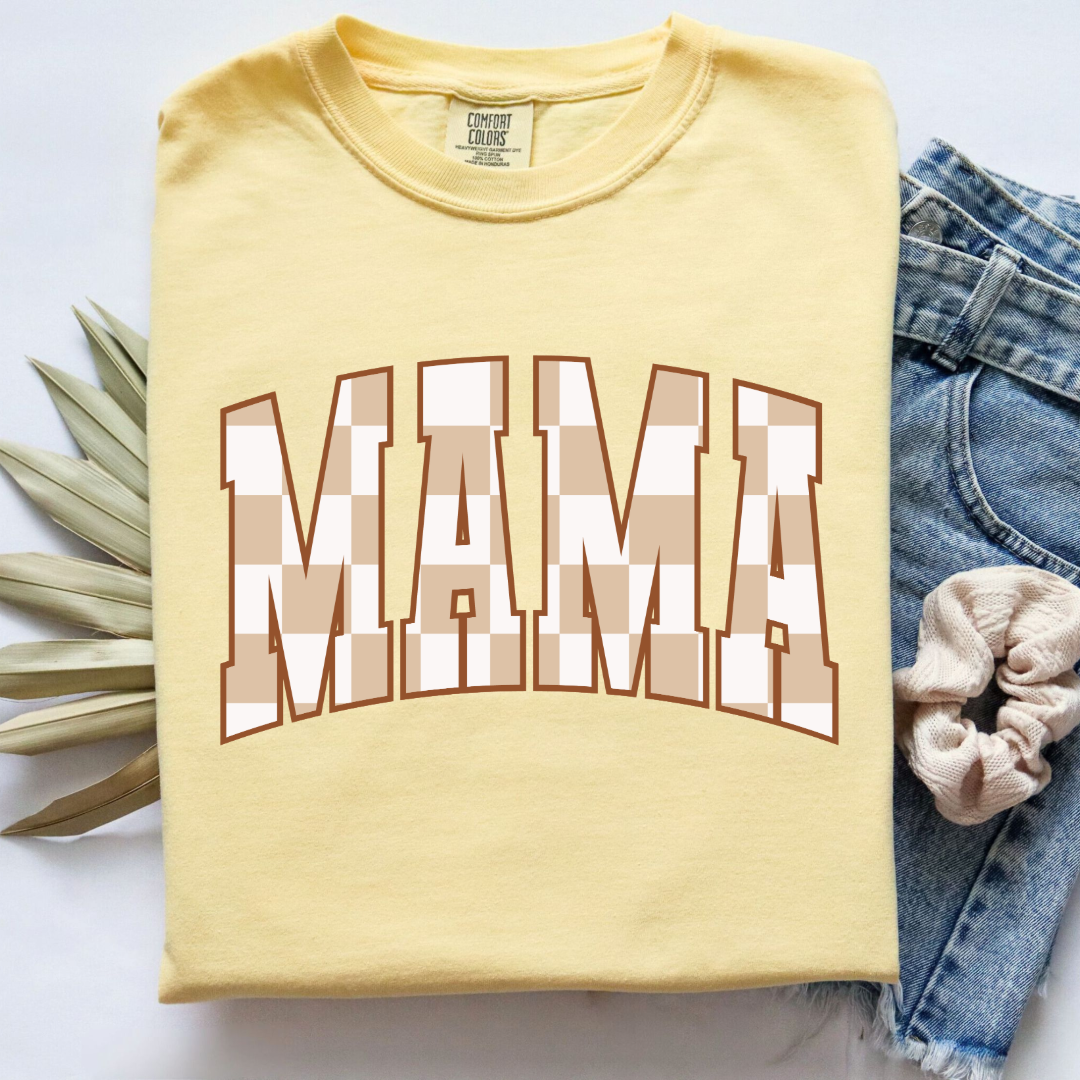 Customized Mama Adult Butter Yellow Graphic Tee checkered beige and white Varsity font. Matching Mini Graphic tee and crewnecks available.