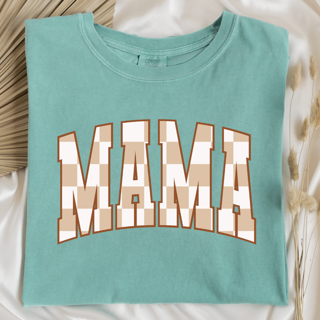 Customized Mama Adult Chalky Mint Green Graphic Tee checkered beige and white Varsity font. Matching Mini Graphic tee and crewnecks available.