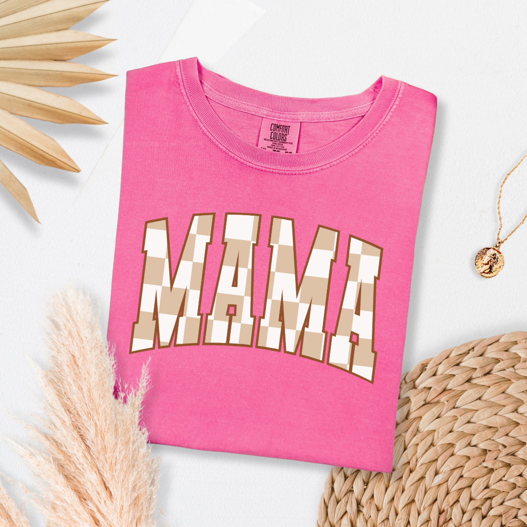 Customized Mama Adult Crunchberry Pink Graphic Tee checkered beige and white Varsity font. Matching Mini Graphic tee and crewnecks available.