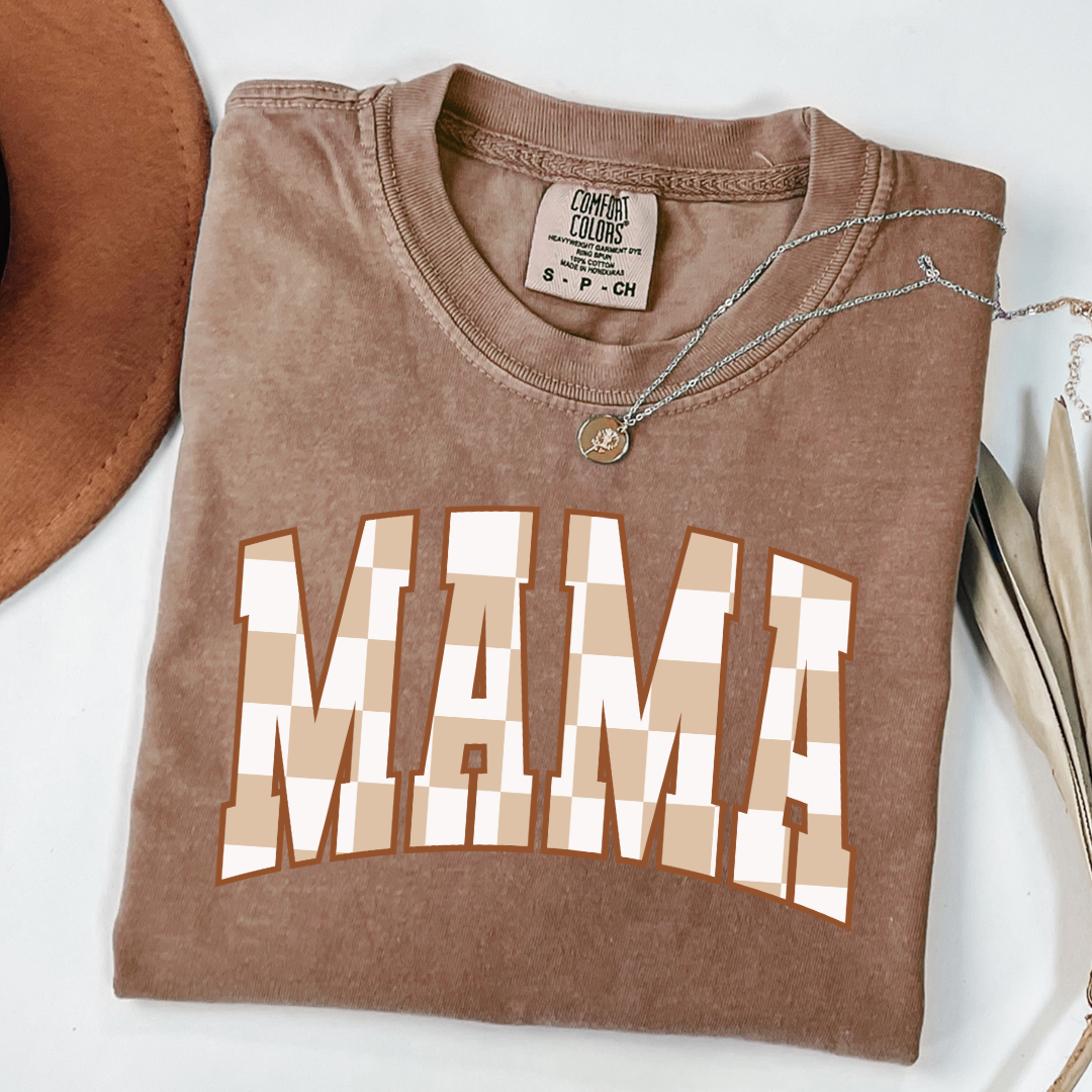 Customized Mama Adult Espresso Brown Graphic Tee checkered beige and white Varsity font. Matching Mini Graphic tee and crewnecks available.