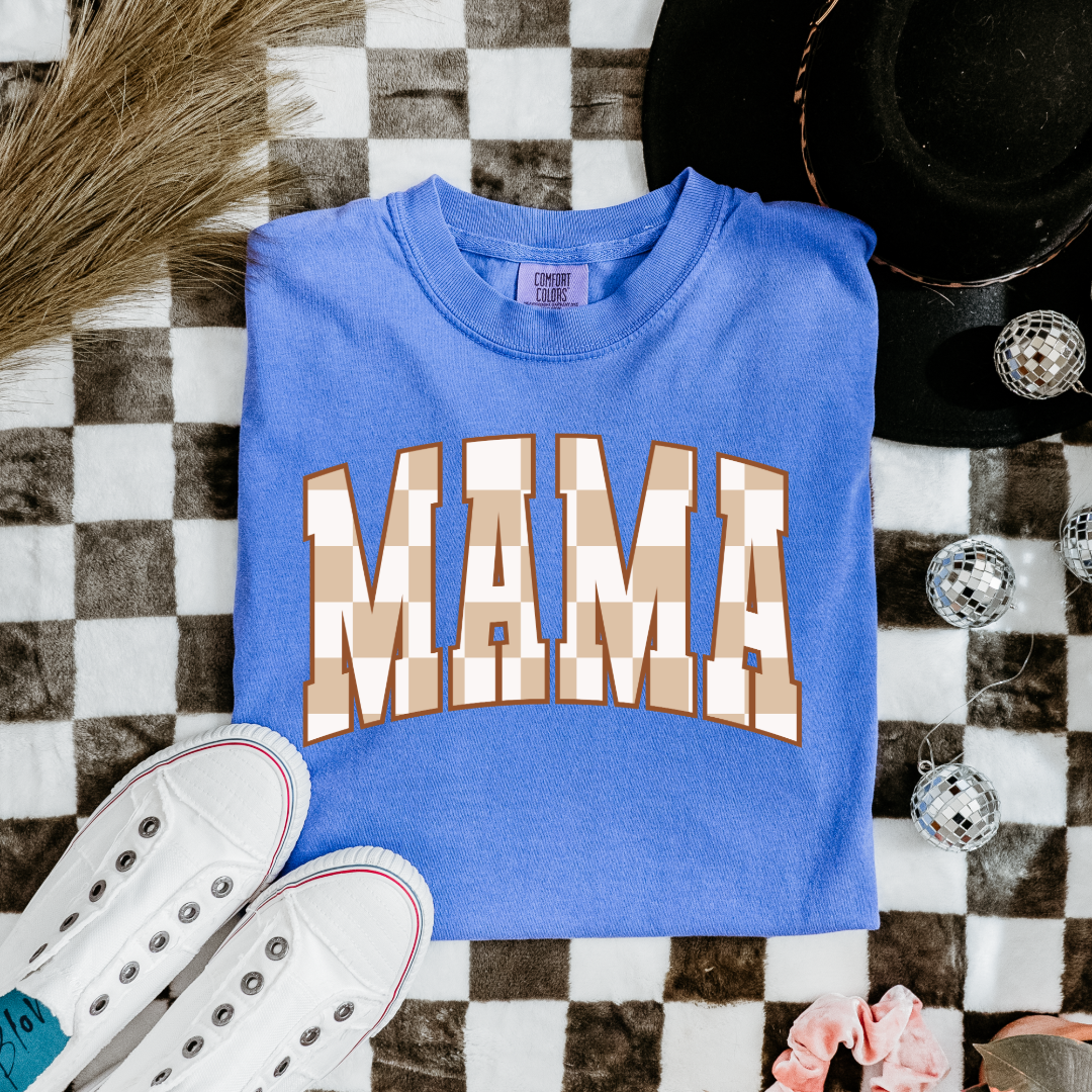 Customized Mama Adult Flo Blue Graphic Tee checkered beige and white Varsity font. Matching Mini Graphic tee and crewnecks available.