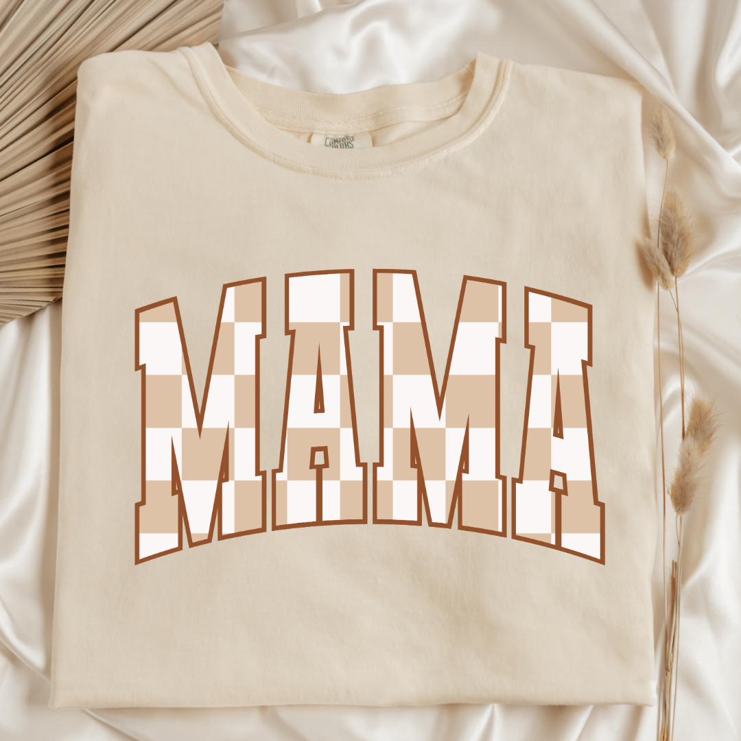 Customized Mama Adult Ivory Flat lay Graphic Tee checkered beige and white Varsity font. Matching Mini Graphic tee and crewnecks available.