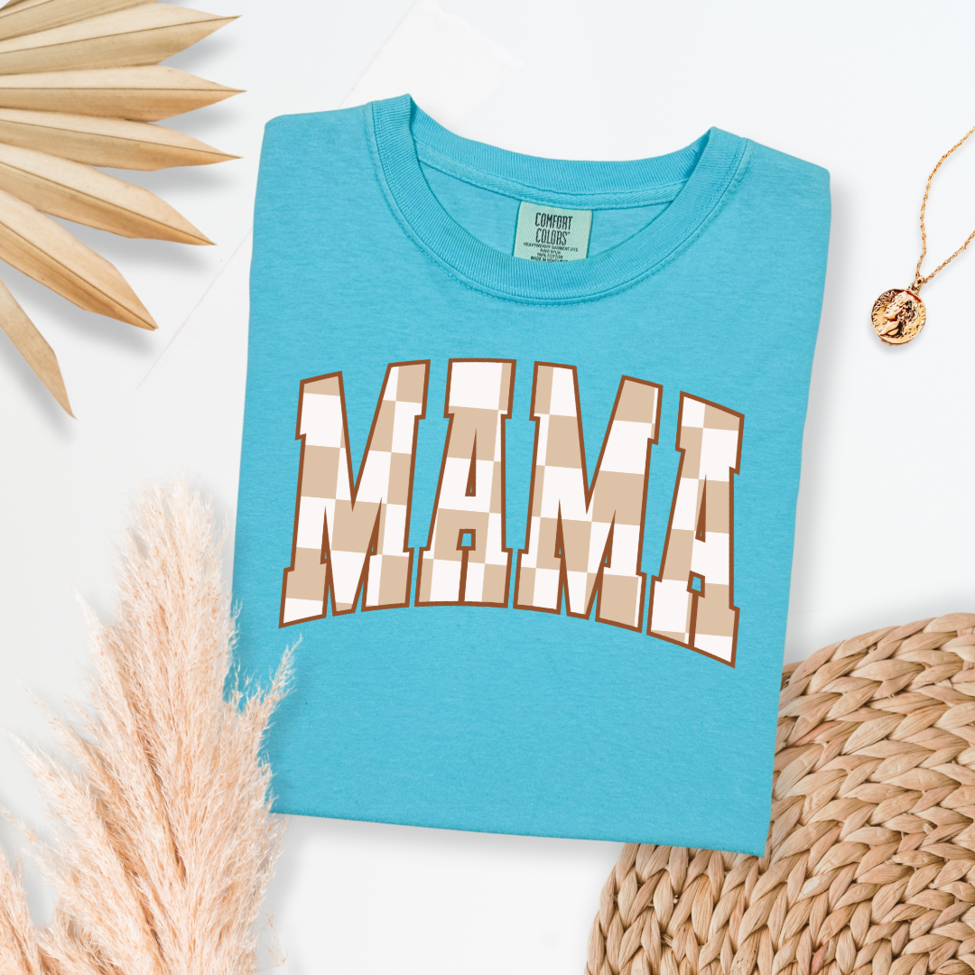 Customized Mama Adult Lagoon blue Graphic Tee checkered beige and white Varsity font. Matching Mini Graphic tee and crewnecks available.