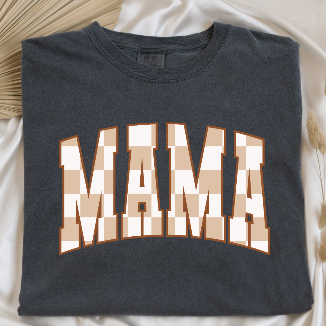 Customized Mama Adult Pepper Vintage Black Graphic Tee checkered beige and white Varsity font. Matching Mini Graphic tee and crewnecks available.