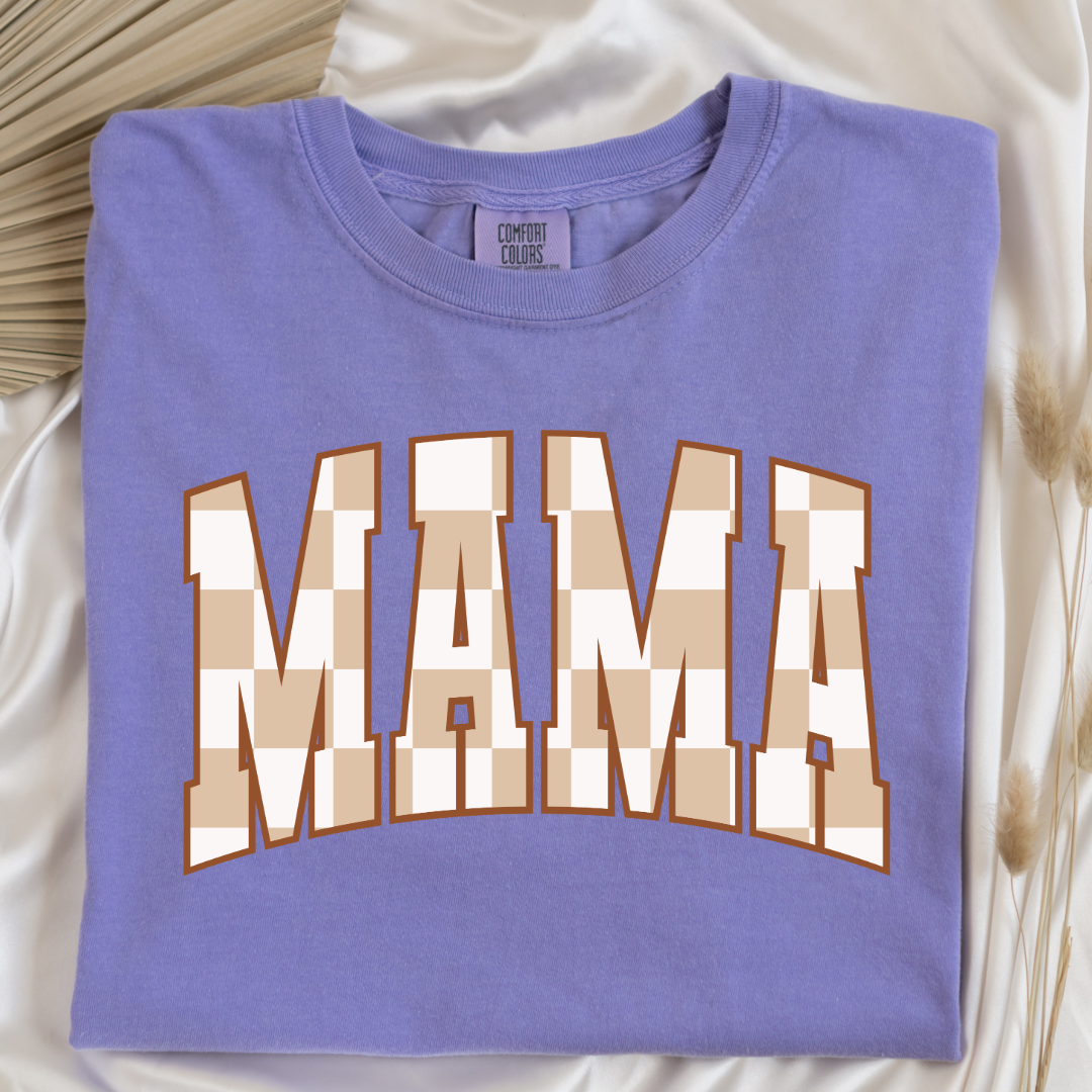Customized Mama Adult Violet Graphic Tee checkered beige and white Varsity font. Matching Mini Graphic tee and crewnecks available.