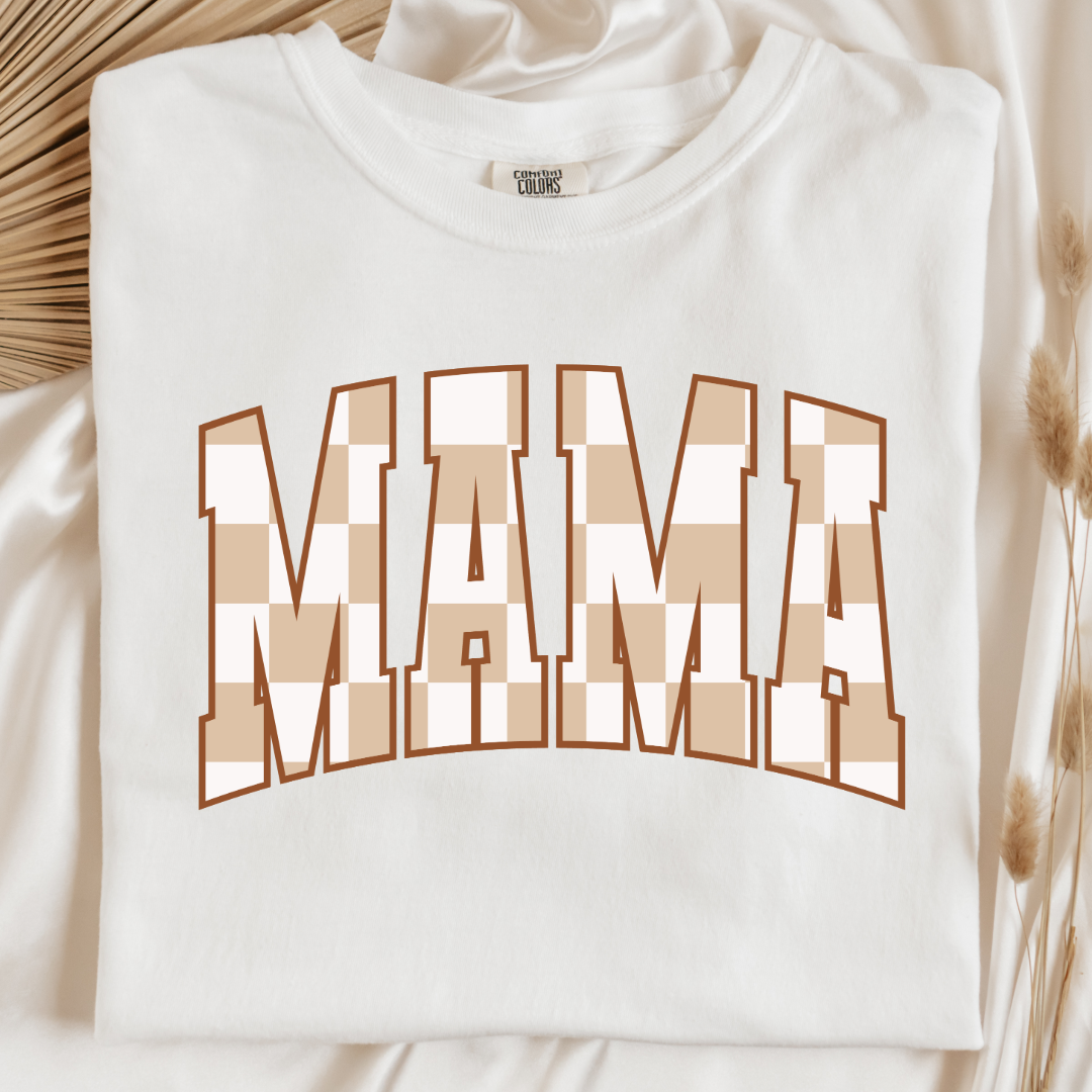 Customized Mama Adult white Graphic Tee checkered beige and white Varsity font. Matching Mini Graphic tee and crewnecks available.