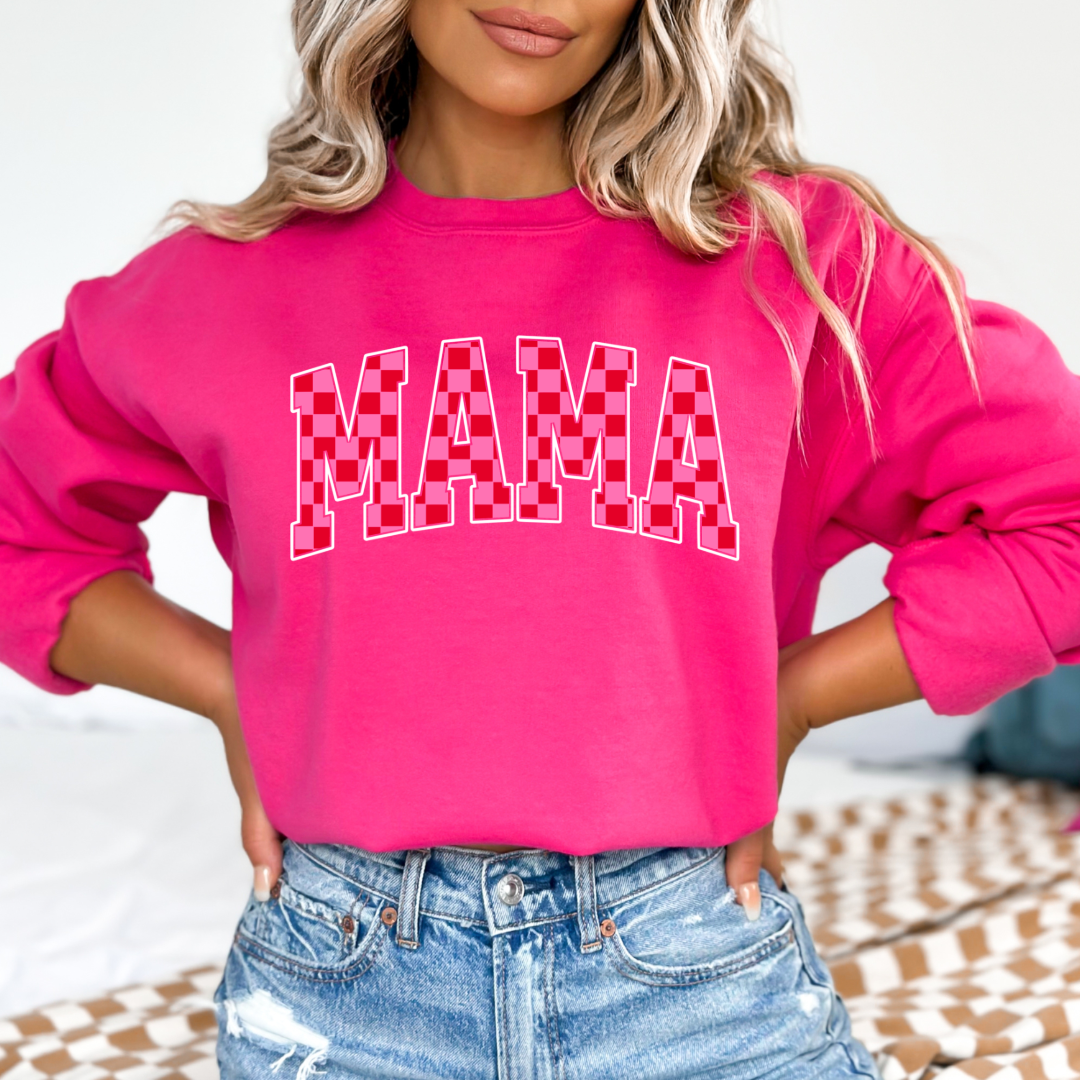 Customized Medium crewneck Hot Pink Adult Varsity font Mama red and pink checkered Matching Mini tee and crewneck available