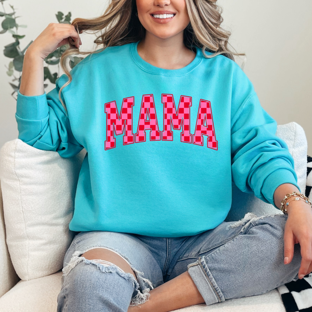 Customized Scuba Blue Adult Crewneck Varsity font Mama red and pink checkered Matching Mini tee and crewneck available