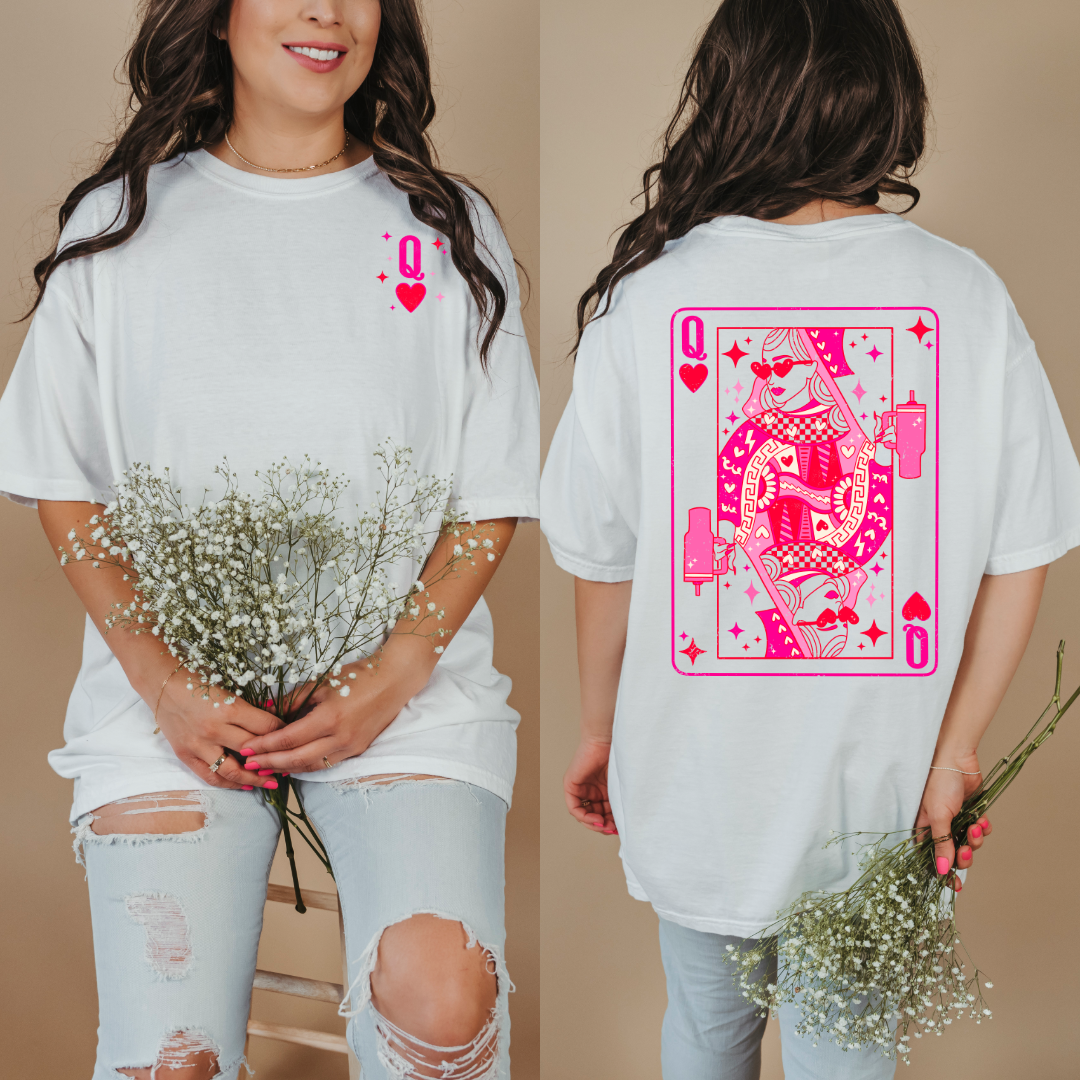 Customized White Graphic tee with Pink and red queen of hearts back and Q pocket graphic