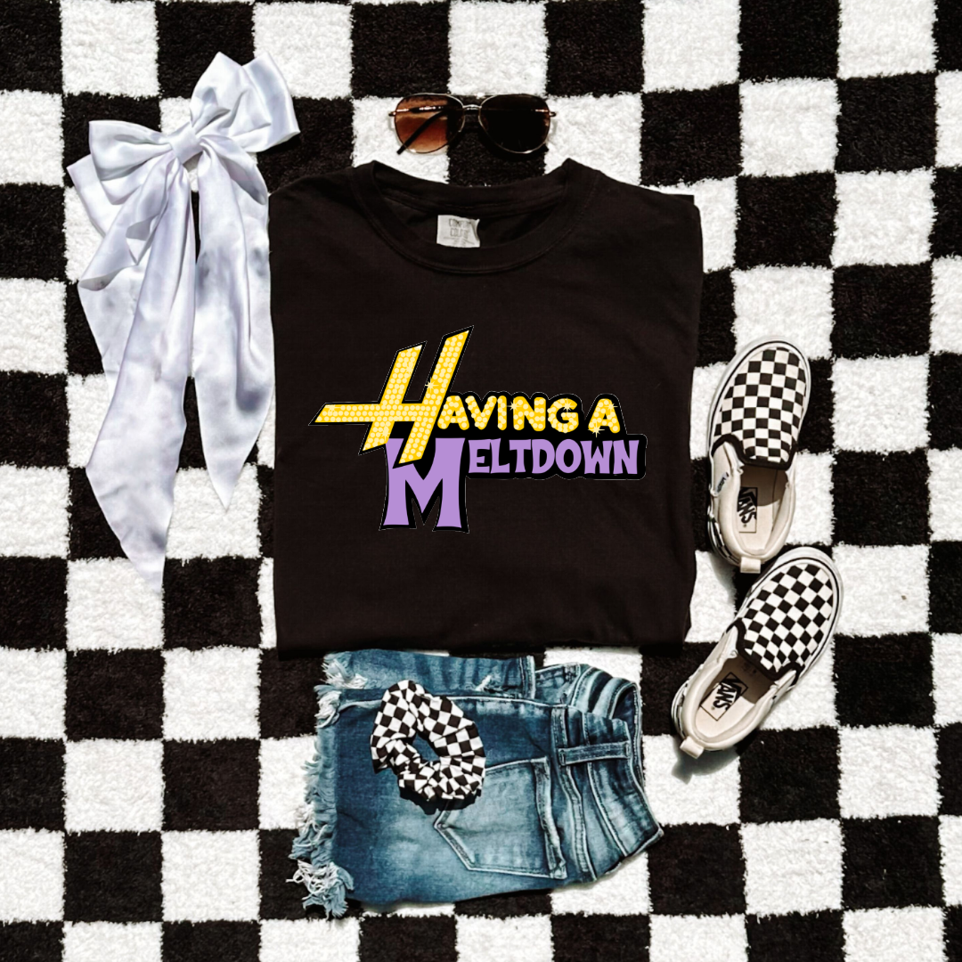 Customized Youth Black Graphic Tee Having a meltdown yellow and purple groovy bubble font