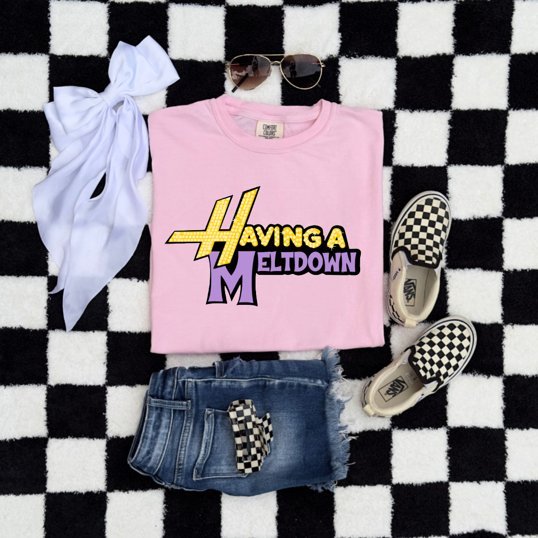 Customized Youth Blossom pink Flat lay Graphic Tee Having a meltdown yellow and purple groovy bubble font