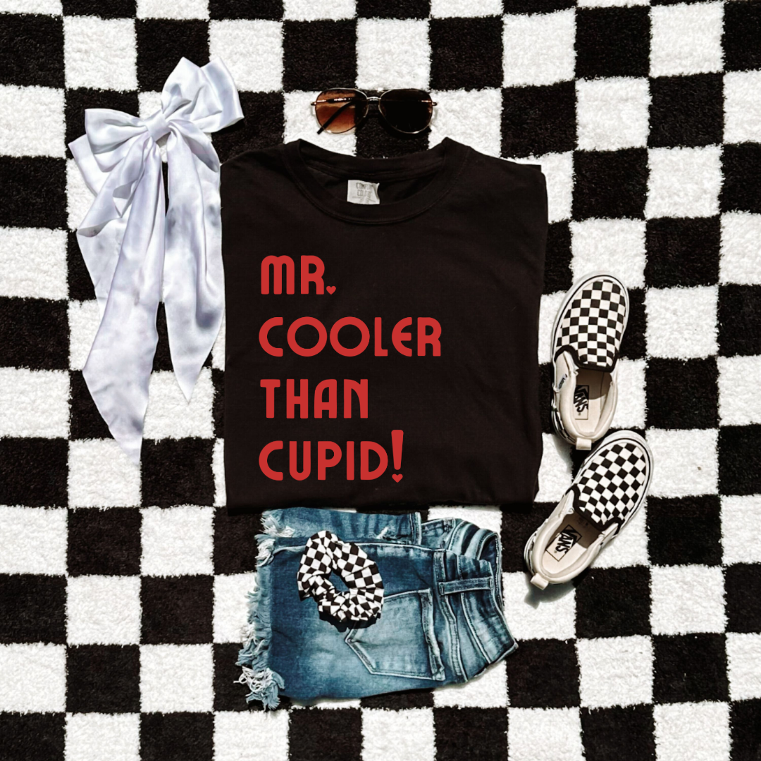 Customized Youth Boys Black Graphic Tee mr cooler than cupid red font