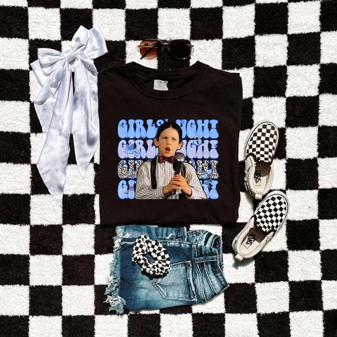 Customized Youth Boys Black graphic tee Blue girls Ugh bubble letters and cheetah print font.
