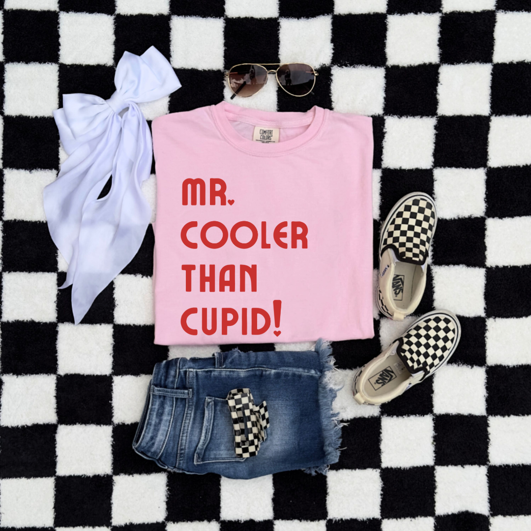 Customized Youth Boys Blossom Pink Graphic Tee mr cooler than cupid red font