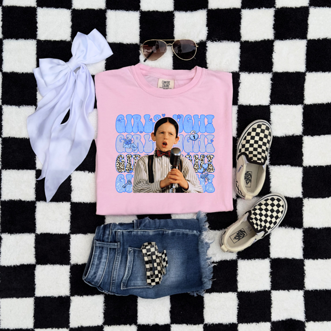 Customized Youth Boys Blossom Pink graphic tee Blue girls Ugh bubble letters and cheetah print font.