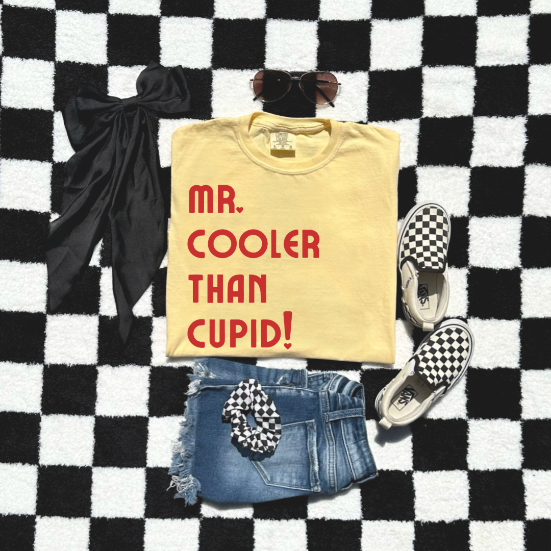 Customized Youth Boys Butter Yellow Graphic Tee mr cooler than cupid red font