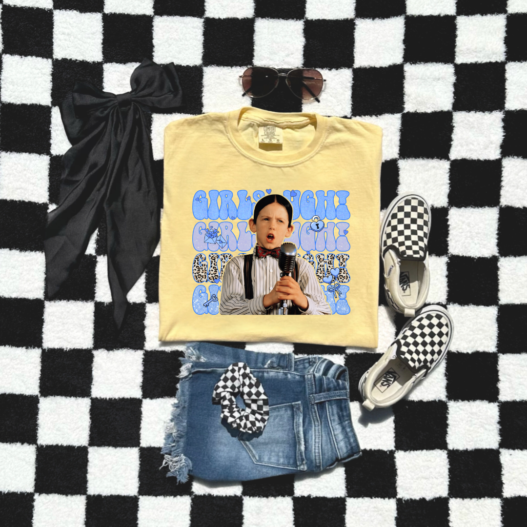 Customized Youth Boys Butter Yellow graphic tee Blue girls Ugh bubble letters and cheetah print font.