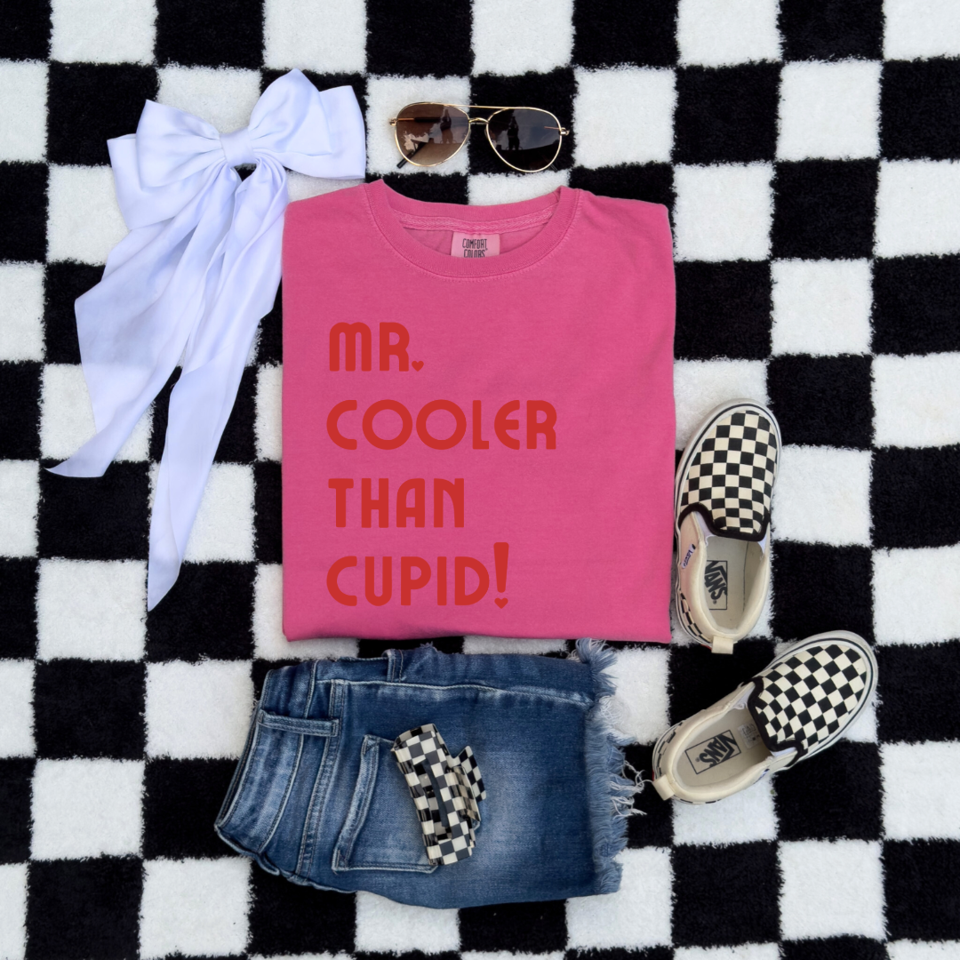 Customized Youth Boys Crunchberry Pink Graphic Tee mr cooler than cupid red font