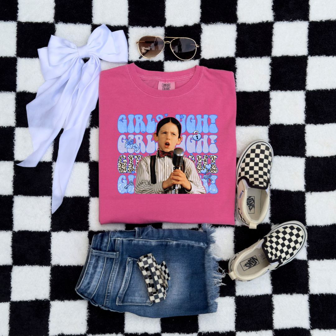 Customized Youth Boys Crunchberry Pink graphic tee Blue girls Ugh bubble letters and cheetah print font.