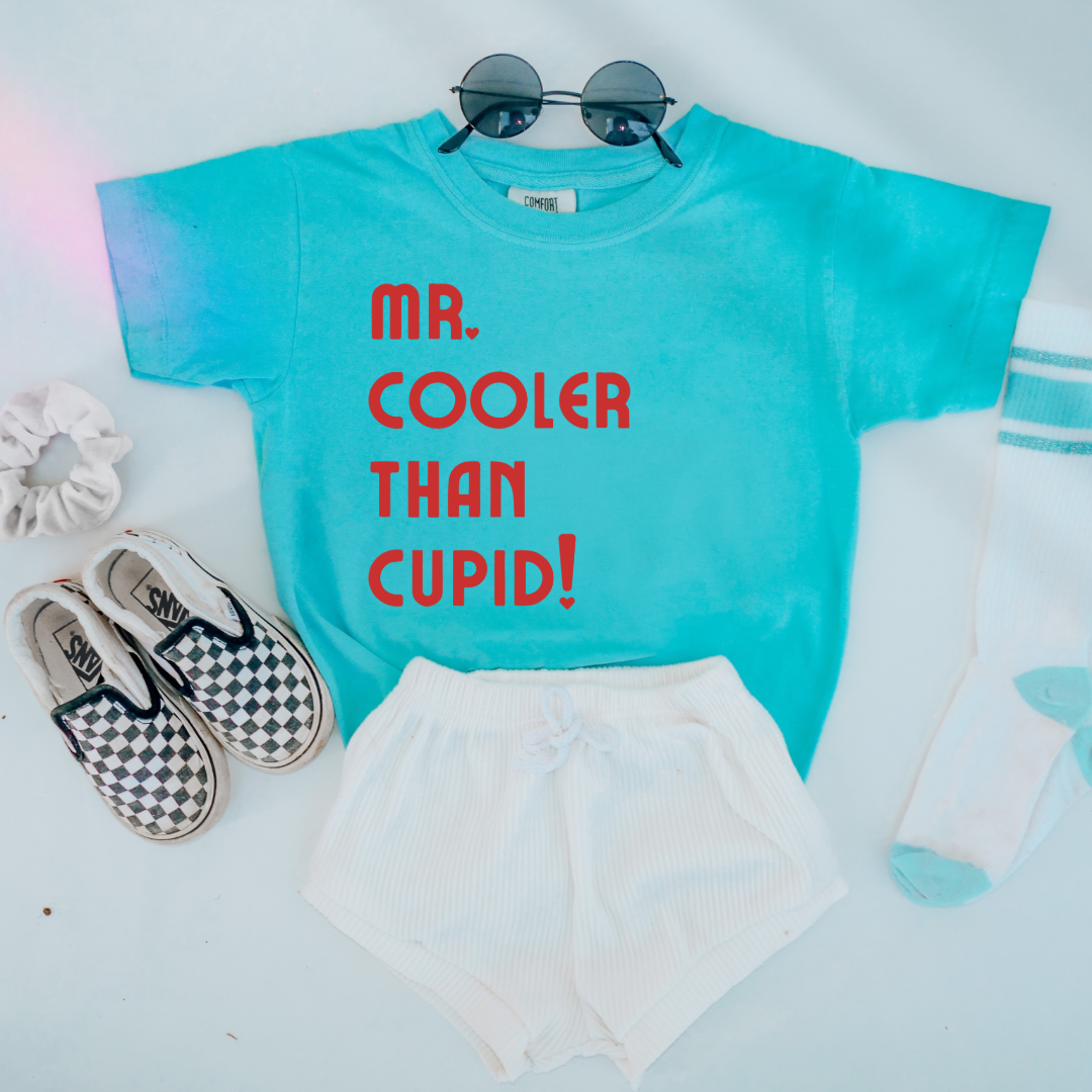 Customized Youth Boys Lagoon Blue Graphic Tee mr cooler than cupid red font