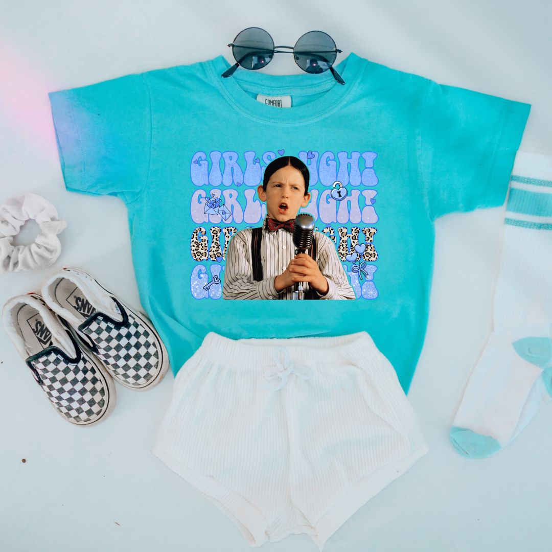 Customized Youth Boys Lagoon Blue graphic tee Blue girls Ugh bubble letters and cheetah print font.