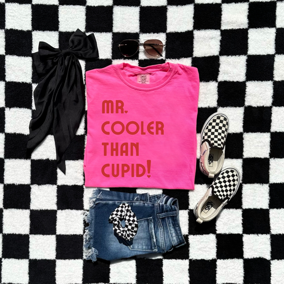 Customized Youth Boys Neon Pink Graphic Tee mr cooler than cupid red font