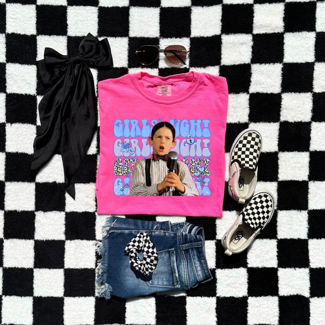 Customized Youth Boys Neon Pink graphic tee Blue girls Ugh bubble letters and cheetah print font.